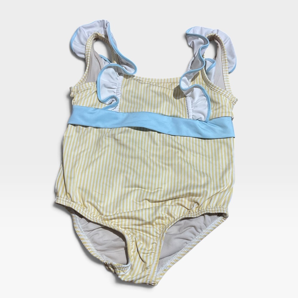Bella Bliss Swimsuit Kids 6 Yellow Striped Ruffle Back Tie Excellent One Piece